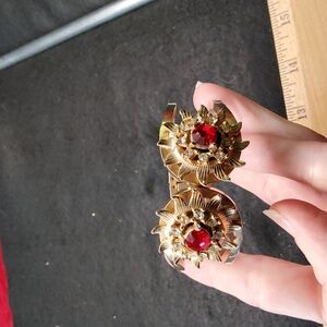 Gold-tone Clamper Bracelet Ruby Red & Clear Rhinestones